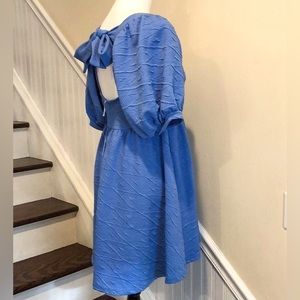 FREE PEOPLE Boho Baby Doll Blue Square Neck Puff Sleeve Mini Dress Sz Medium